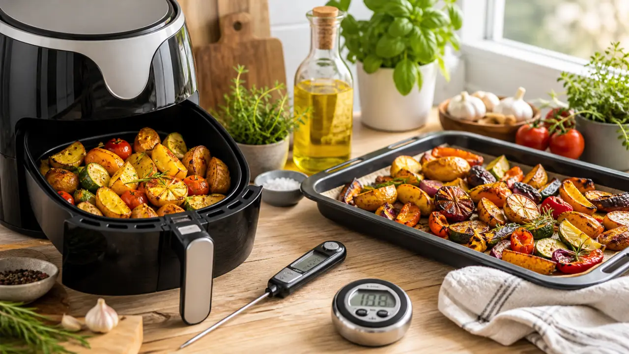 Cuisine conviviale avec air fryer et four, légumes frais et ambiance chaleureuse