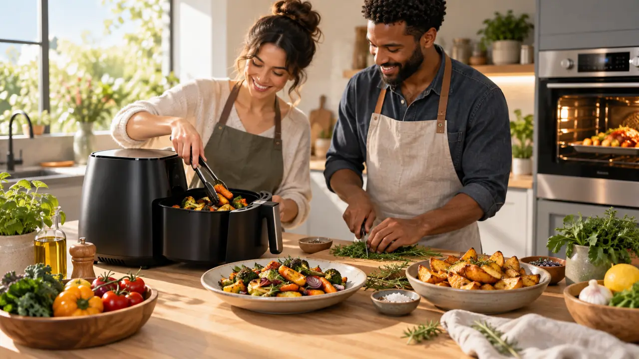 Air fryer et four traditionnel entourés de légumes frais sur un plan de travail de cuisine