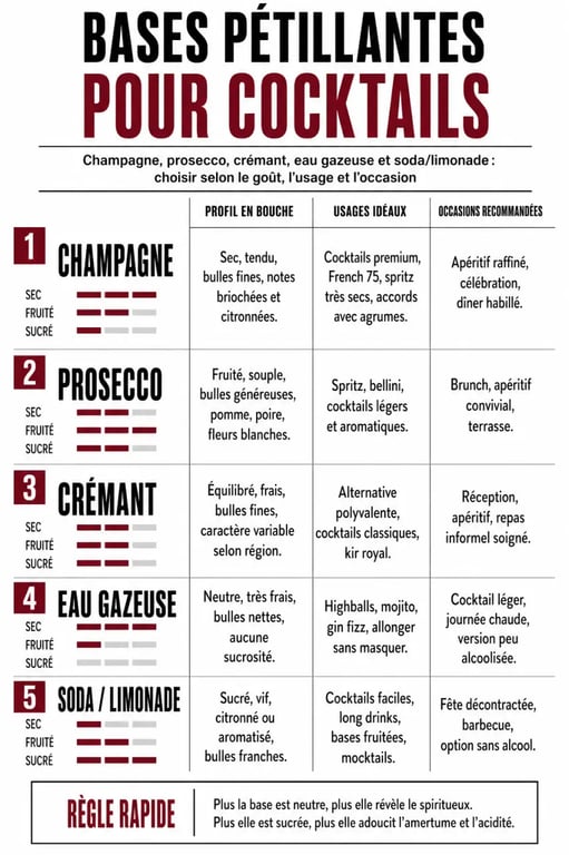 Infographie cocktail pétillant comparant champagne, prosecco, crémant, eau gazeuse et soda