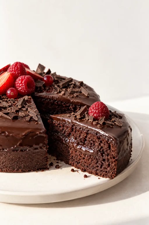Gâteau vegan au chocolat moelleux avec cœur fondant et ganache