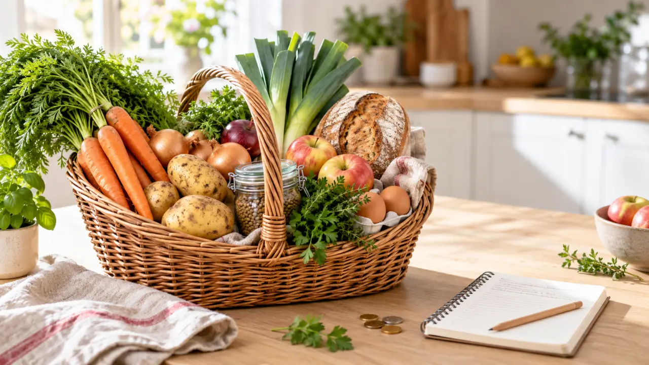 Panier de produits locaux et de saison posé sur une table de cuisine
