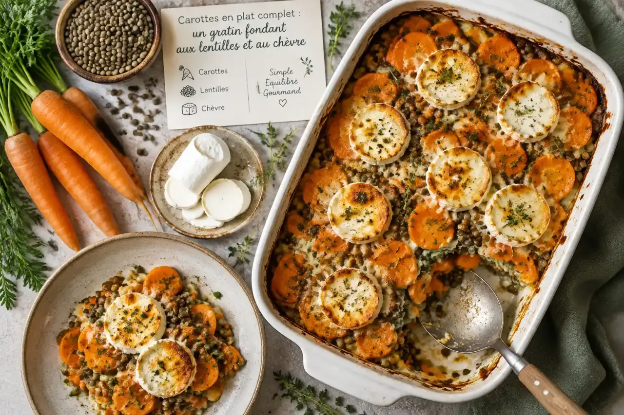 Recette de carottes en plat complet : un gratin fondant aux lentilles et au chèvre