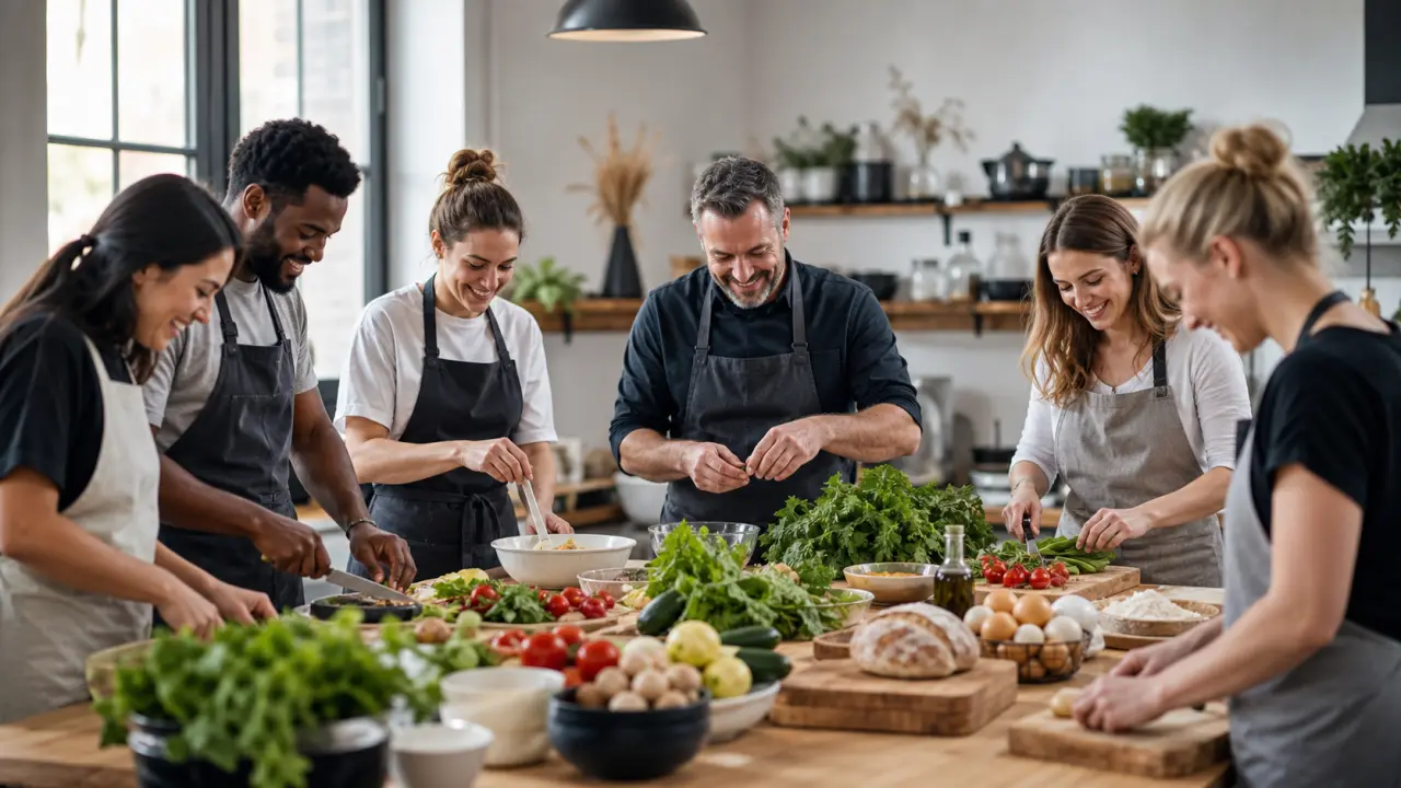 Groupe d'amis cuisinant ensemble dans une cuisine lumineuse, ambiance conviviale et ingrédients frais sur le plan de travail
