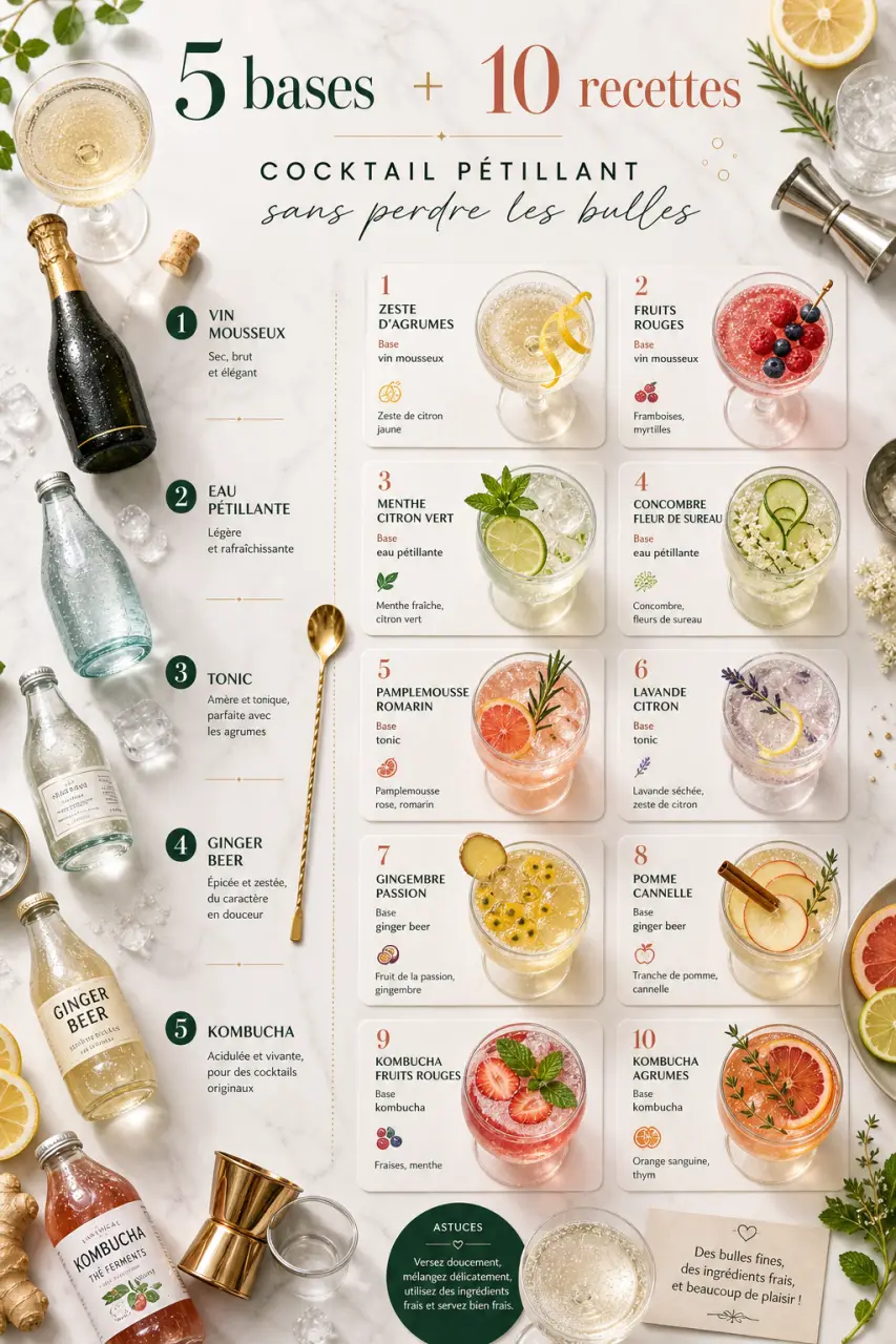 5 bases et 10 recettes pour réussir un cocktail pétillant sans perdre les bulles