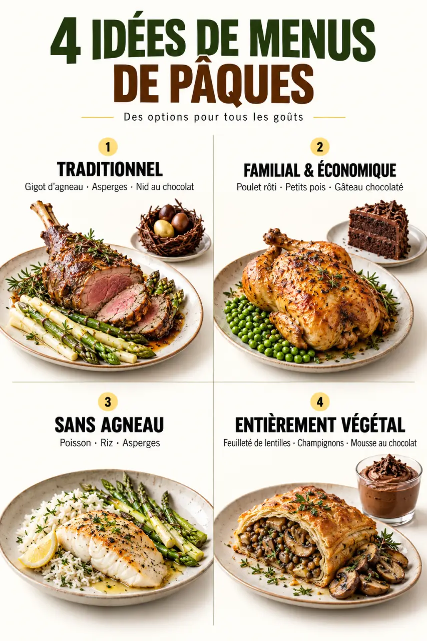 Infographie présentant quatre idées repas de Pâques, traditionnelles, économiques, sans agneau et végétales