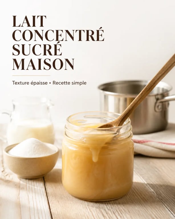 Lait concentré recette : pot de lait concentré sucré maison à la texture nappante dans un bocal en verre