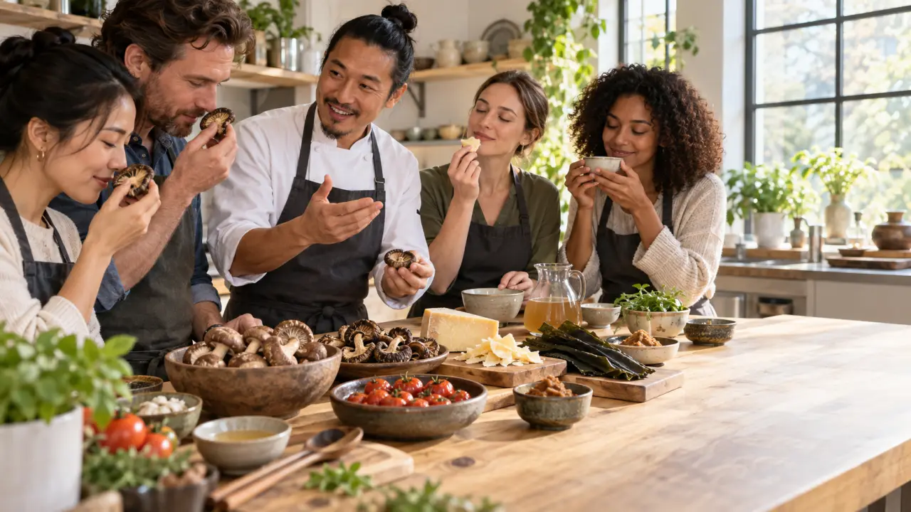 Participants réunis autour d'un atelier de cuisine sensorielle avec des ingrédients frais