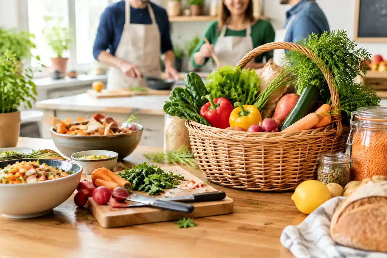 Panier de légumes locaux et produits de saison prêts à être cuisinés