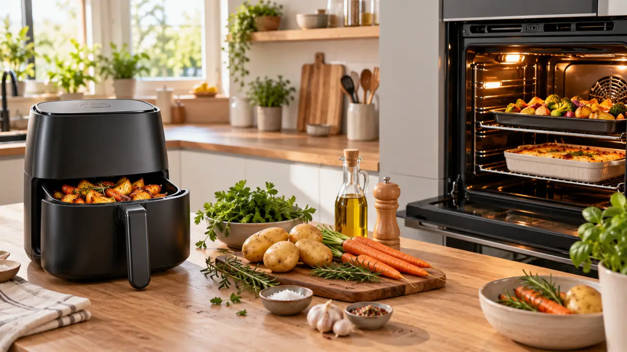 Air fryer et four traditionnel utilisés pour préparer une cuisson maison